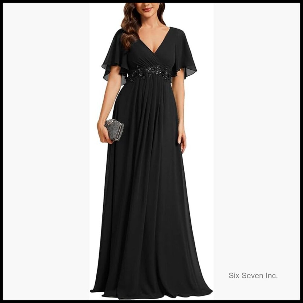 Chiffon Formal Gown with V-Neck and Floral Appliques